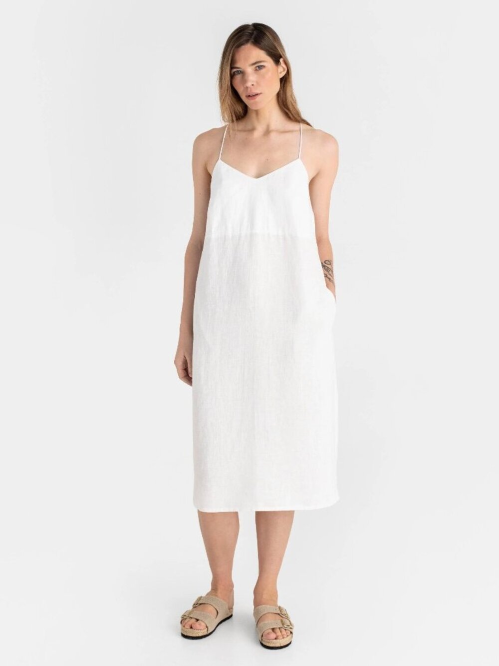 Magic Linen White MARFA Slip Linen Midi Dress Spaghetti Straps Open Back